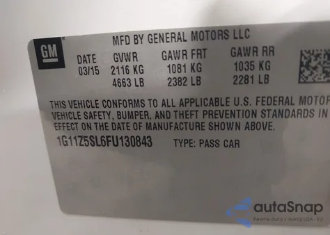 2015 Chevrolet Impala Ls z USA, uszkodzony, nr VIN 1G11Z5SL6FU130843